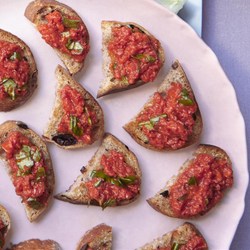 Olive Bread Crostini with Red Pepper Spread Recipe