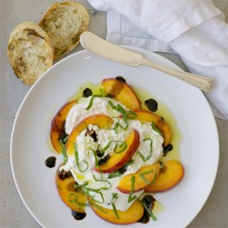 Peaches with Burrata, Basil, and Raspberry Balsamic Syrup Recipe