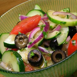 Cucumber Tomato Salad with Zucchini and Black Olives in Lemon Balsamic Vinaigrette Recipe
