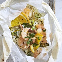 Shrimp and Rice Packets with Olives and Oranges Recipe